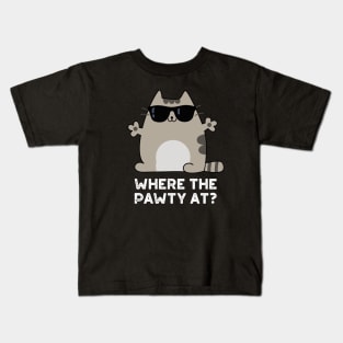 Where The Paw-ty At Cute Party Cat Pun Kids T-Shirt